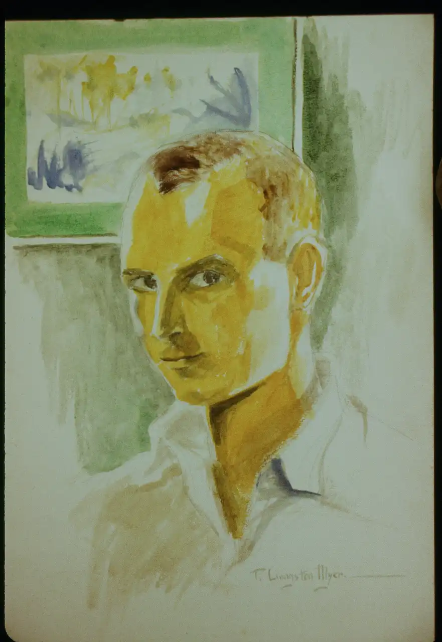 Watercolor self-portrait of artist Peter Myer, ca. 1960s